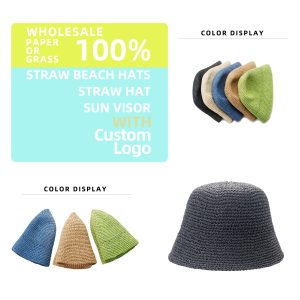 Custom solid color spliced paper straw hat  Bucket hat dome large brim beach sunshade straw hat for women