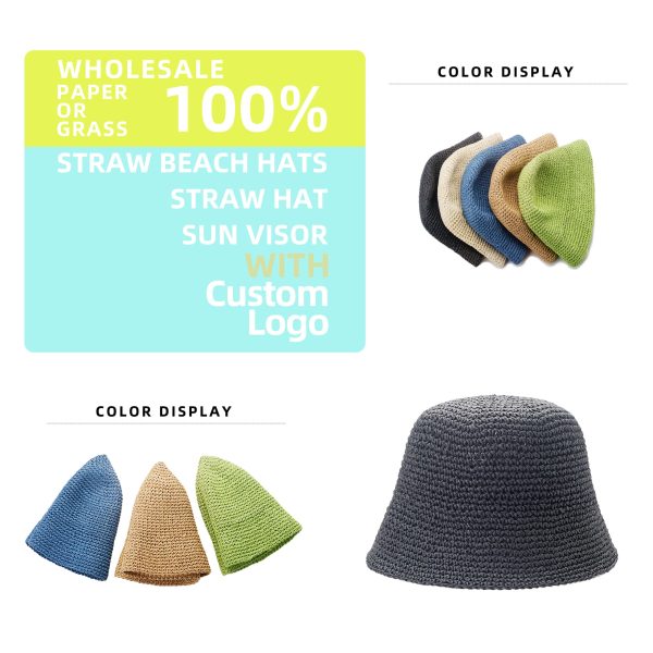 Custom solid color spliced paper straw hat  Bucket hat dome large brim beach sunshade straw hat for women