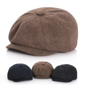 2024 Spring and autumn plaid hand-woven beret INS style adjustable painter hat custom beret for man Wool British octagonal hat