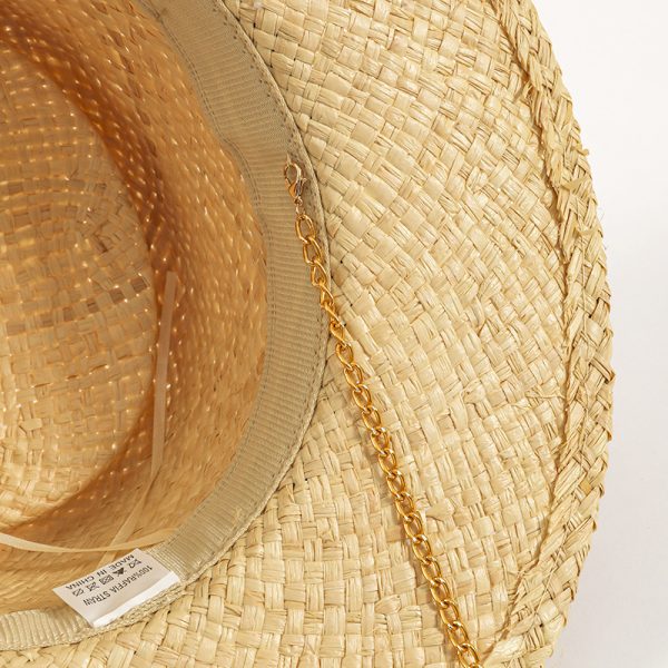2024 new wholesale Unisex top hat Fashion  Real grass Panama straw hat straw Chain Strap Straw Fedora Hat - Image 3