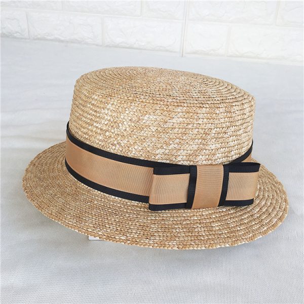 2023 Wholesale Summer Flat Top Straw Hat Female Short Brim Fashion Straw Hat Bowknot Design travel sun hat - Image 3