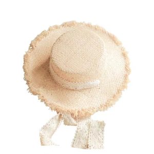 2023 Wholesale fashion Solid Color woven Straw Hat Kids Lace Strap Flat Top Sun Hat Big Brim Beach Straw Hat