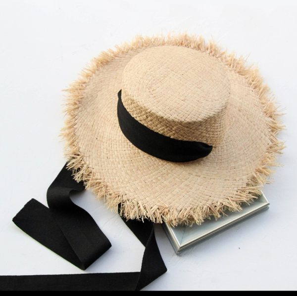 2023 Wholesale fashion Solid Color woven Straw Hat Kids Lace Strap Flat Top Sun Hat Big Brim Beach Straw Hat - Image 3