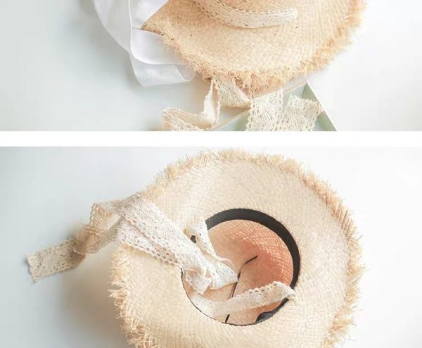 2023 Wholesale fashion Solid Color woven Straw Hat Kids Lace Strap Flat Top Sun Hat Big Brim Beach Straw Hat - Image 5
