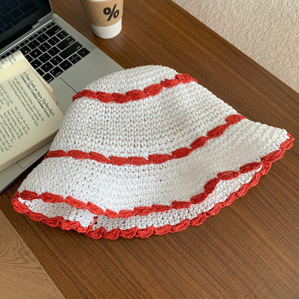Custom solid color spliced Breathable straw hat Bucket hat dome large brim beach sunshade straw hat for women - Image 2