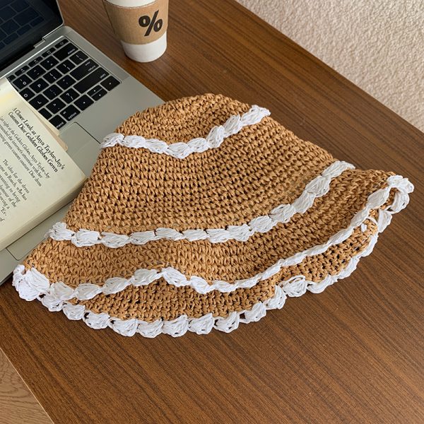 Custom solid color spliced Breathable straw hat Bucket hat dome large brim beach sunshade straw hat for women - Image 4
