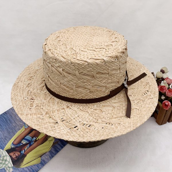 high quality Hot Sell flat top straw hat fashion wide brim straw hat bow design beach straw hat for women - Image 2