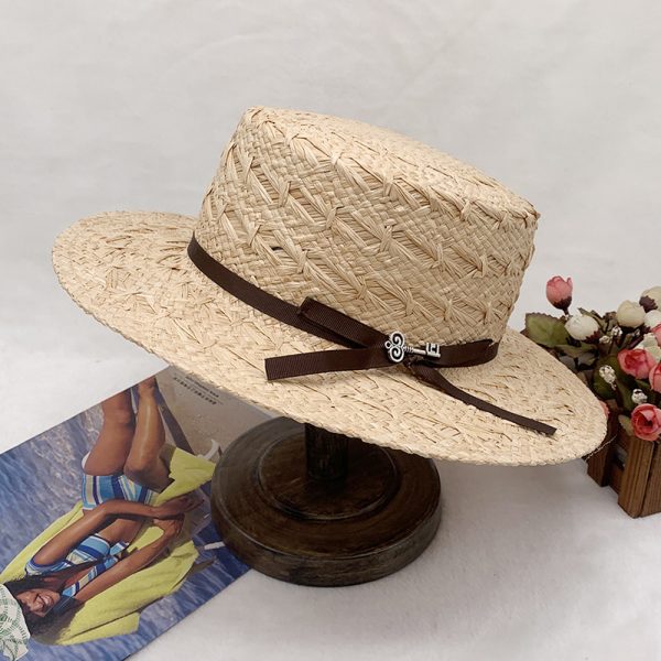 high quality Hot Sell flat top straw hat fashion wide brim straw hat bow design beach straw hat for women - Image 3