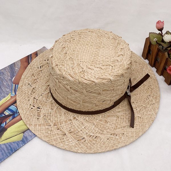 high quality Hot Sell flat top straw hat fashion wide brim straw hat bow design beach straw hat for women - Image 5