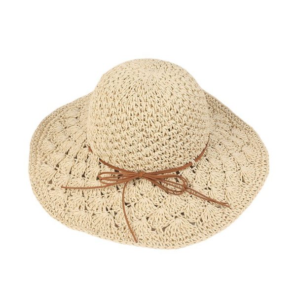 INS style paper straw hat breathable hollow plain Bucket straw hat strap design outdoor Summer Beach Women sun hat