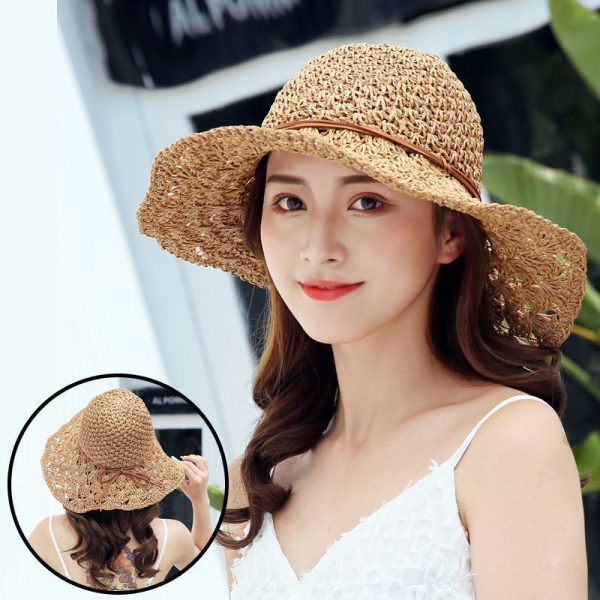 INS style paper straw hat breathable hollow plain Bucket straw hat strap design outdoor Summer Beach Women sun hat - Image 2