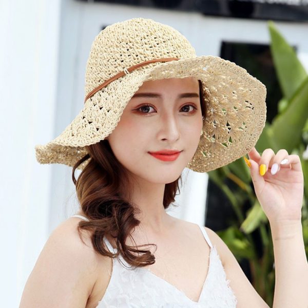 INS style paper straw hat breathable hollow plain Bucket straw hat strap design outdoor Summer Beach Women sun hat - Image 3