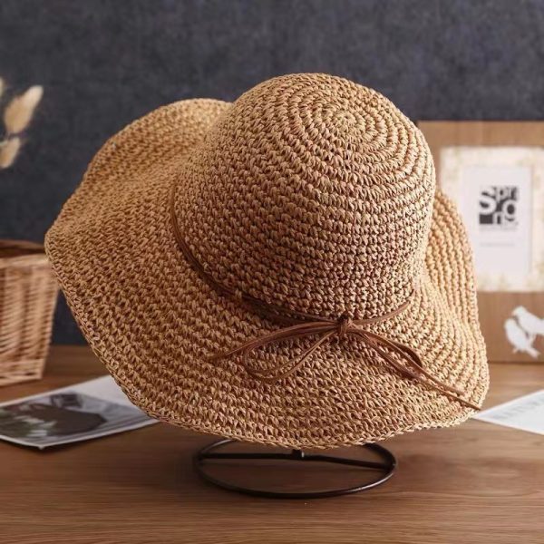 INS style paper straw hat breathable hollow plain Bucket straw hat strap design outdoor Summer Beach Women sun hat - Image 4