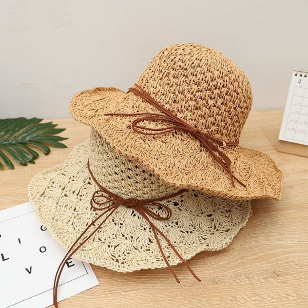 INS style paper straw hat breathable hollow plain Bucket straw hat strap design outdoor Summer Beach Women sun hat - Image 6