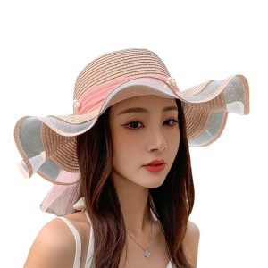 New Bow Ribbon Sunshade Straw Hat straw hats to decorate mesh bow design large brim straw hat UV protection