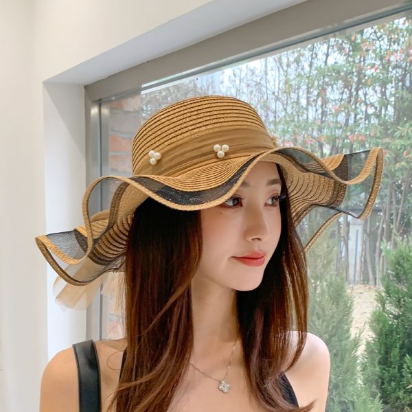 New Bow Ribbon Sunshade Straw Hat straw hats to decorate mesh bow design large brim straw hat UV protection - Image 2