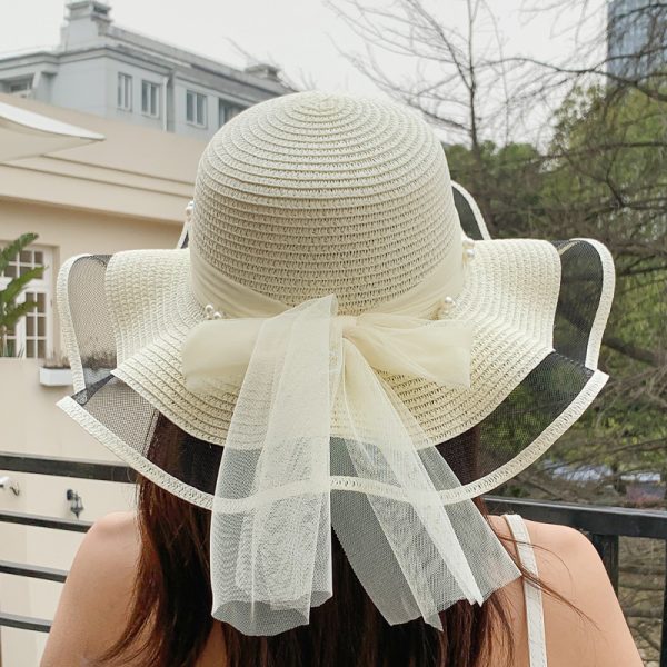 New Bow Ribbon Sunshade Straw Hat straw hats to decorate mesh bow design large brim straw hat UV protection - Image 4