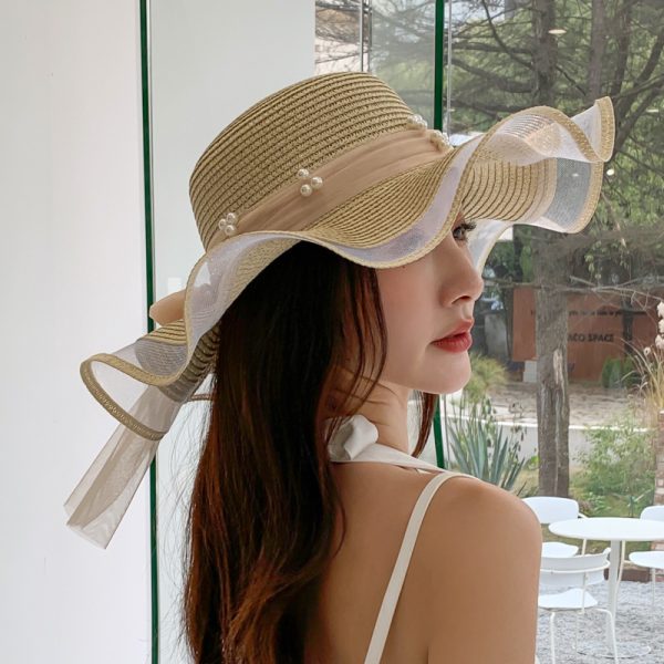 New Bow Ribbon Sunshade Straw Hat straw hats to decorate mesh bow design large brim straw hat UV protection - Image 5