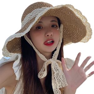 new Designer lace straw boater  hat large brim  straw  hat summer Bucket straw hats with custom logo