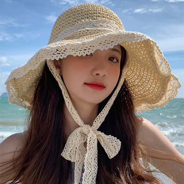 new Designer lace straw boater  hat large brim  straw  hat summer Bucket straw hats with custom logo - Image 2