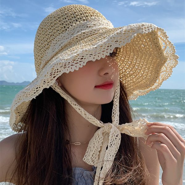 new Designer lace straw boater  hat large brim  straw  hat summer Bucket straw hats with custom logo - Image 3