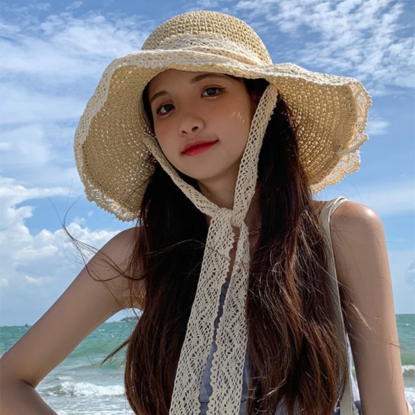 new Designer lace straw boater  hat large brim  straw  hat summer Bucket straw hats with custom logo - Image 4