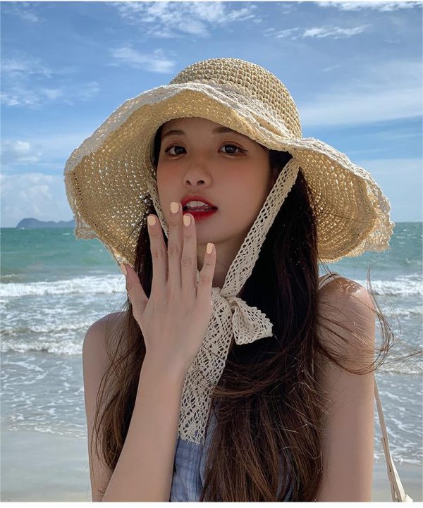 new Designer lace straw boater  hat large brim  straw  hat summer Bucket straw hats with custom logo - Image 5