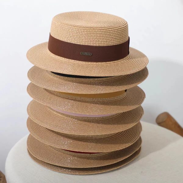 New retro style flat top summer paper straw hat custom logo French British straw beach hat visor straw hat for outings - Image 6