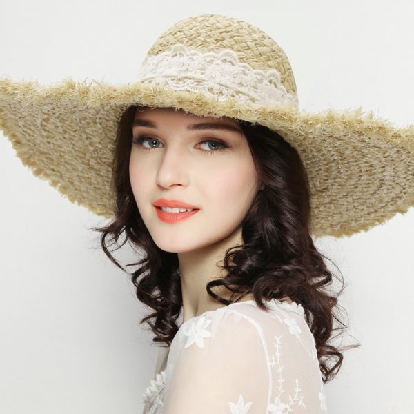 High quality custom Fashion Bowknot Sun Hat  solid color paper straw hat lace design dome wide brim straw hat bow design straw v - Image 2