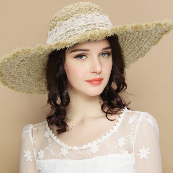 High quality custom Fashion Bowknot Sun Hat  solid color paper straw hat lace design dome wide brim straw hat bow design straw v - Image 3