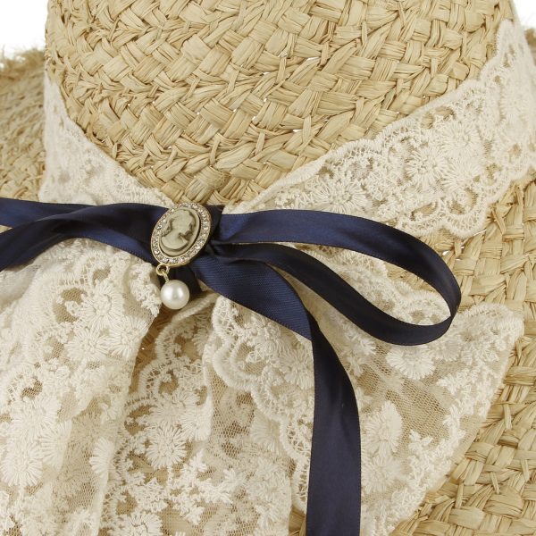 High quality custom Fashion Bowknot Sun Hat  solid color paper straw hat lace design dome wide brim straw hat bow design straw v - Image 5