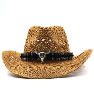 Custom Summer Solid Color Hollow Straw Cowboy Western Hat Foldable Big Brim Straw Hat Outdoor Cone visor Hat