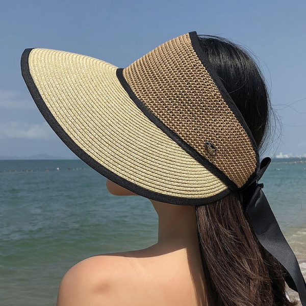 new Wholesale Summer Big Brim Sun Beach Visor Straw Hat Foldable Empty Top Hat Female Bowknot Bandage Sun Hat - Image 2