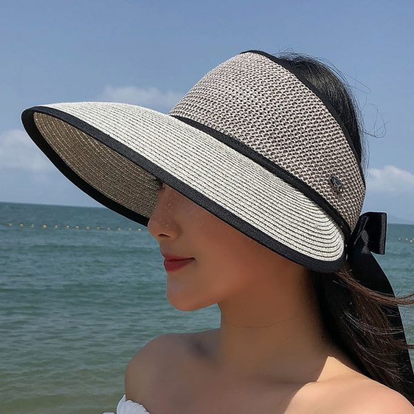 new Wholesale Summer Big Brim Sun Beach Visor Straw Hat Foldable Empty Top Hat Female Bowknot Bandage Sun Hat - Image 3
