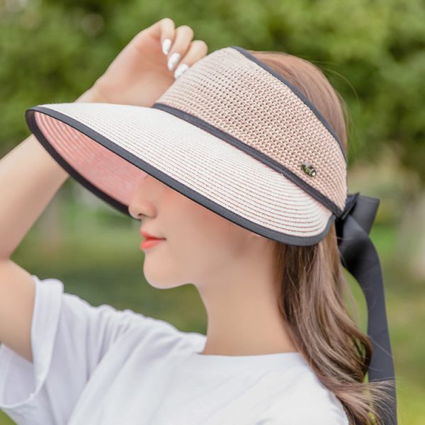 new Wholesale Summer Big Brim Sun Beach Visor Straw Hat Foldable Empty Top Hat Female Bowknot Bandage Sun Hat - Image 4