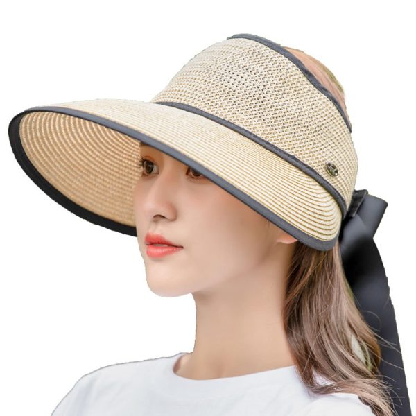 new Wholesale Summer Big Brim Sun Beach Visor Straw Hat Foldable Empty Top Hat Female Bowknot Bandage Sun Hat - Image 5