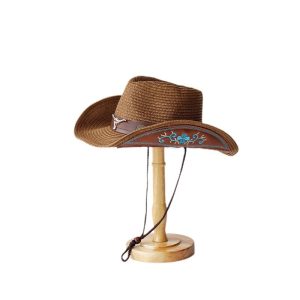 Cowboy straw hat custom embroidery panama straw hat fashion paper caps wholesale cowboy wind proof straw caps