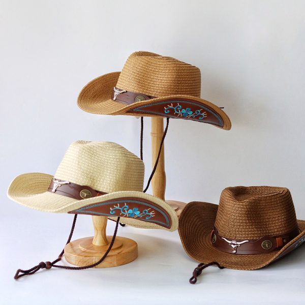 Cowboy straw hat custom embroidery panama straw hat fashion paper caps wholesale cowboy wind proof straw caps - Image 2