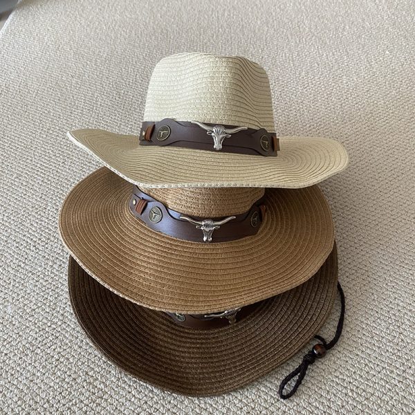 Cowboy straw hat custom embroidery panama straw hat fashion paper caps wholesale cowboy wind proof straw caps - Image 6