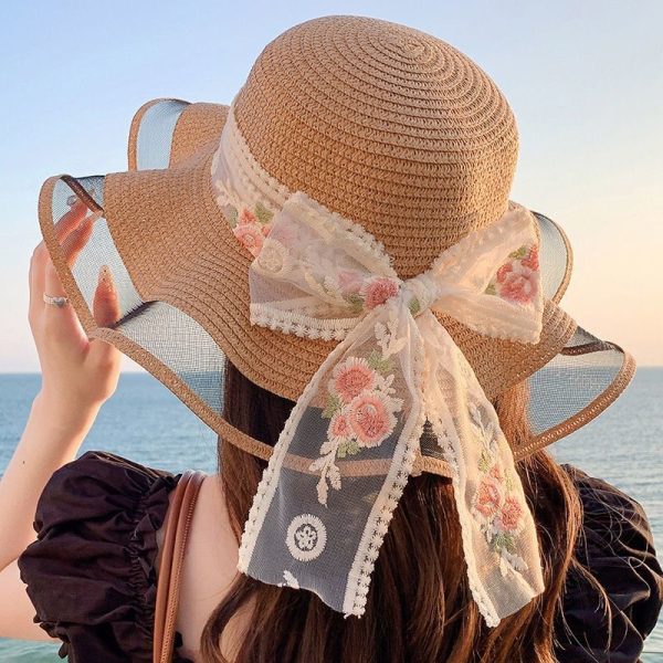 straw hat wide brim straw caps woman flower wholesale pink hat straw cover custom beach sun visor caps - Image 4