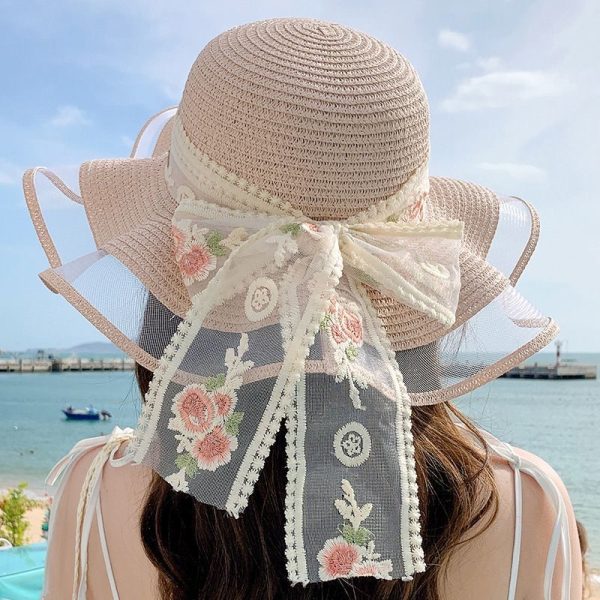 straw hat wide brim straw caps woman flower wholesale pink hat straw cover custom beach sun visor caps - Image 5