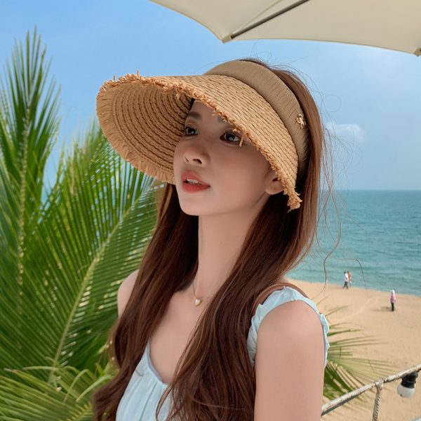 one piece open top straw hat high quality sun visor straw beach hat wholesale women straw hats with custom logo - Image 2