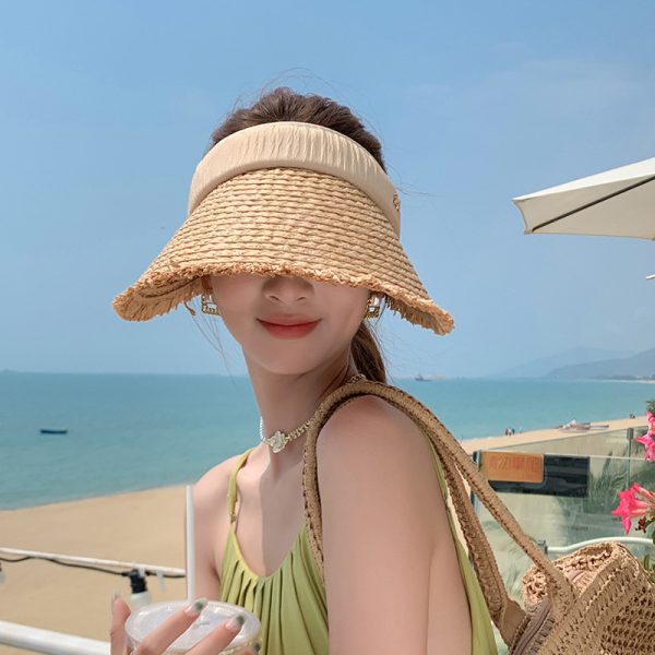 one piece open top straw hat high quality sun visor straw beach hat wholesale women straw hats with custom logo - Image 3