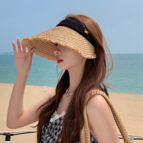 one piece open top straw hat high quality sun visor straw beach hat wholesale women straw hats with custom logo - Image 4