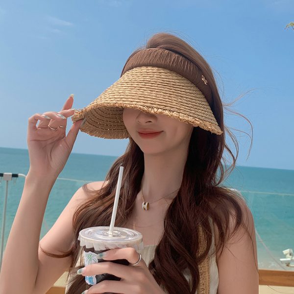 one piece open top straw hat high quality sun visor straw beach hat wholesale women straw hats with custom logo - Image 5