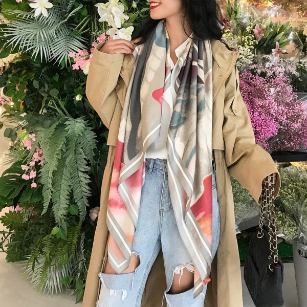 other square custom silk scarf hijab flower high quality scarf ladies wholesale scarf shawls 130*130 cm - Image 3